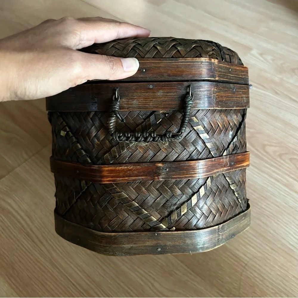 Vintage Wicker Metal Woven Decorative Chest Basket